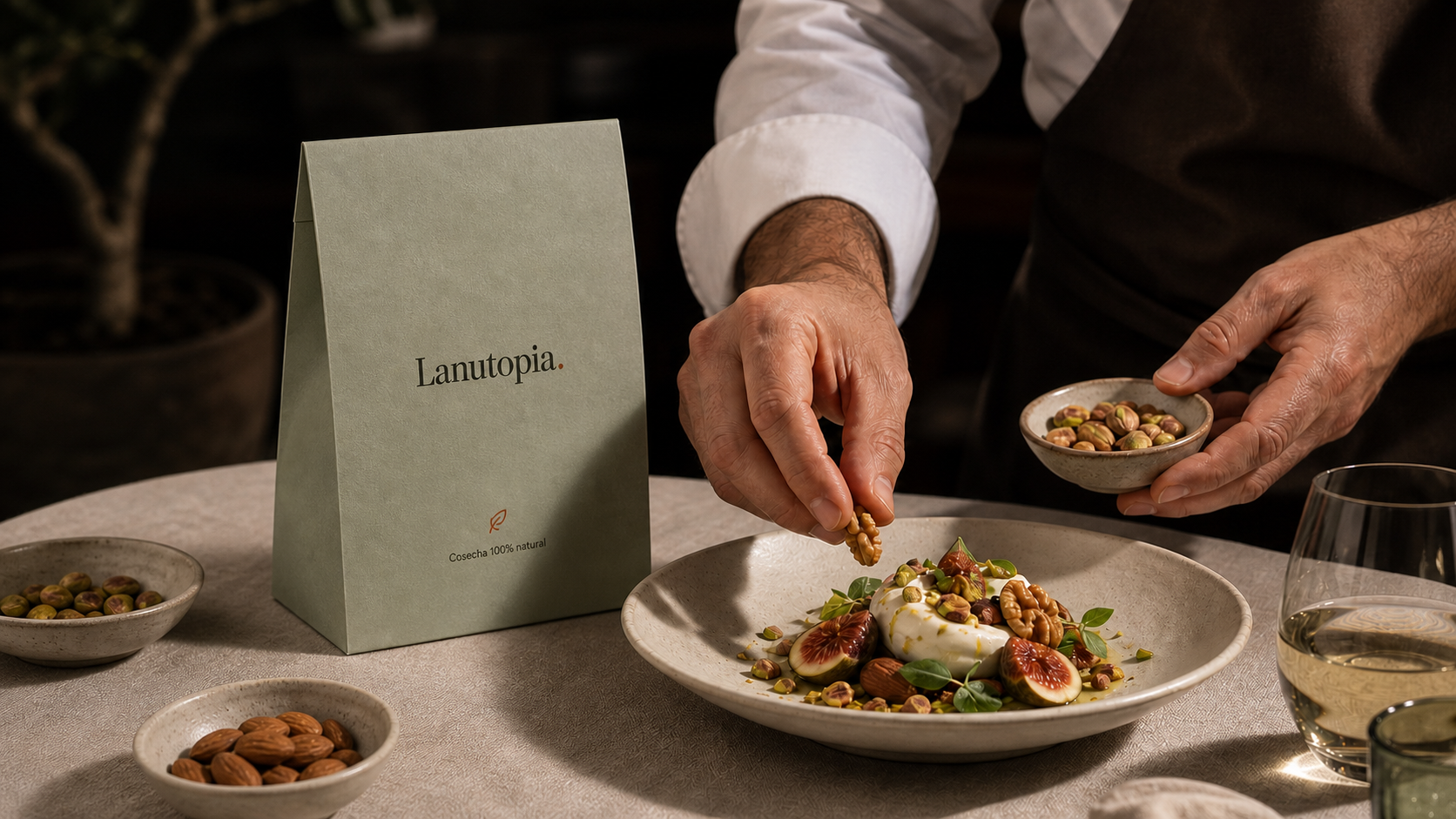 Chef preparando una propuesta gastronómica con una selección de frutos secos Lanutopia