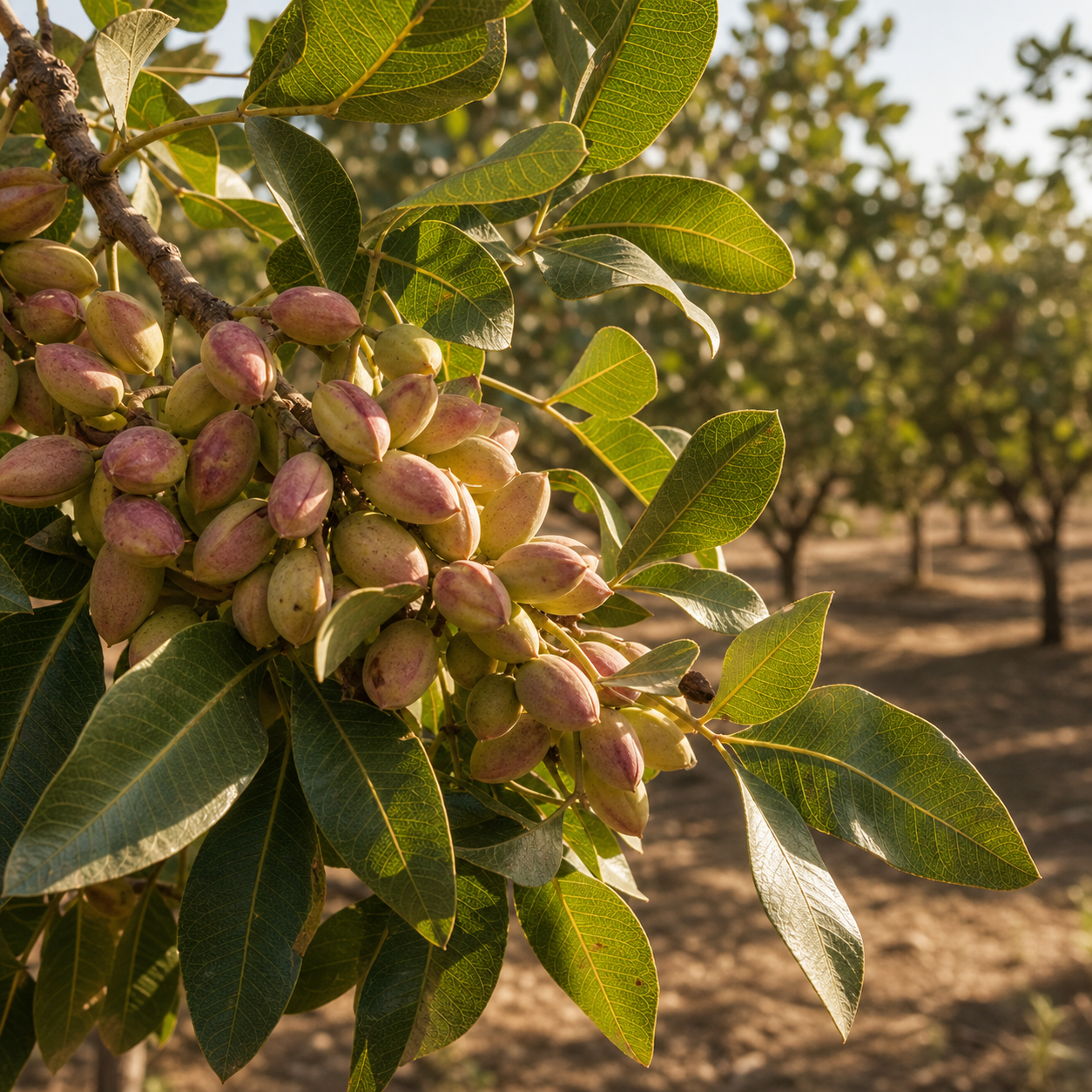 Pistachos madurando en el árbol