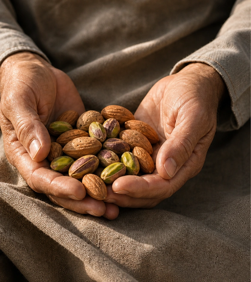 Manos sosteniendo almendras y pistachos seleccionados